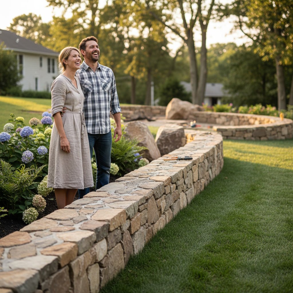 Landscaper aerating healthy lawn in Lindenhurst residential yard