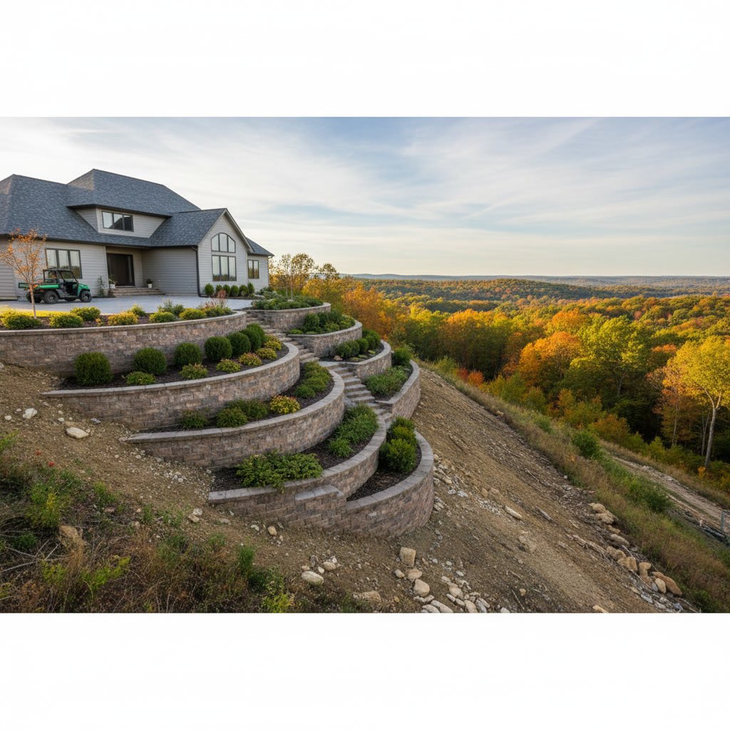 Tiered retaining wall system on sloped Lindenhurst property creating multiple level terraces