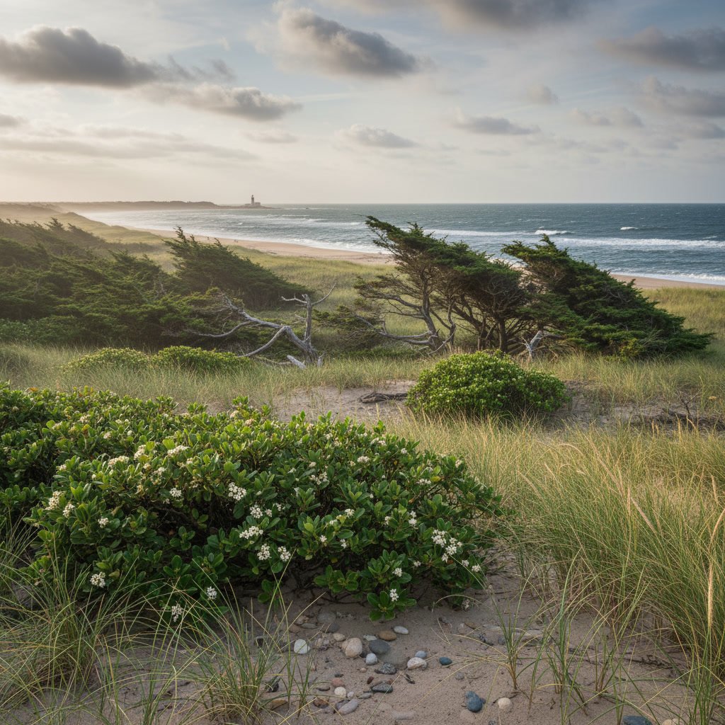 Salt-tolerant evergreen trees thriving in coastal Long Island landscape