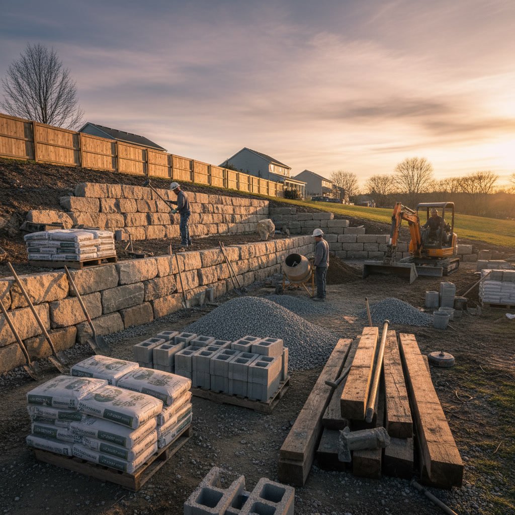 Natural fieldstone retaining wall with tiered plantings on Long Island slope