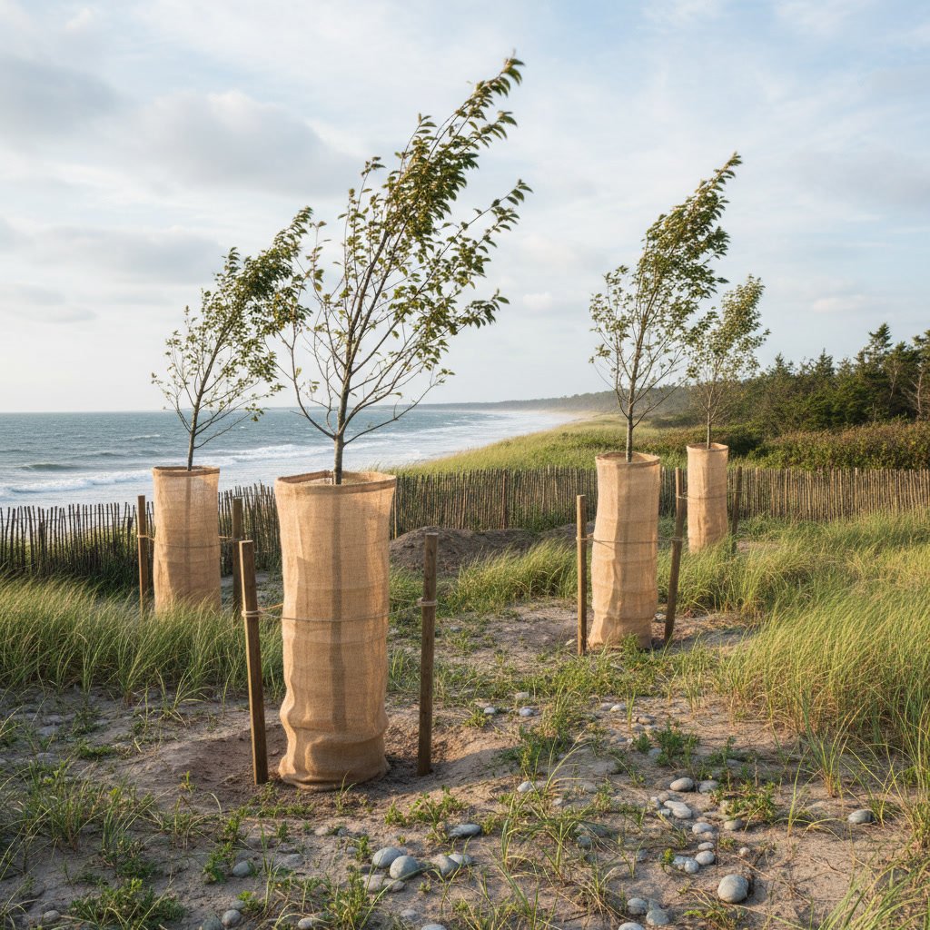 Mature coastal landscape with mixed evergreen and deciduous trees in Long Island