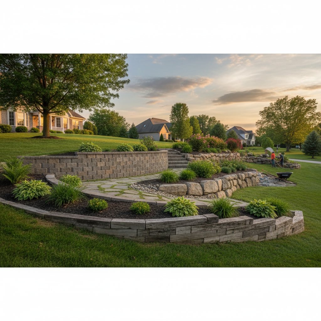 Segmental block retaining wall creating terraced levels on sloped Lindenhurst property