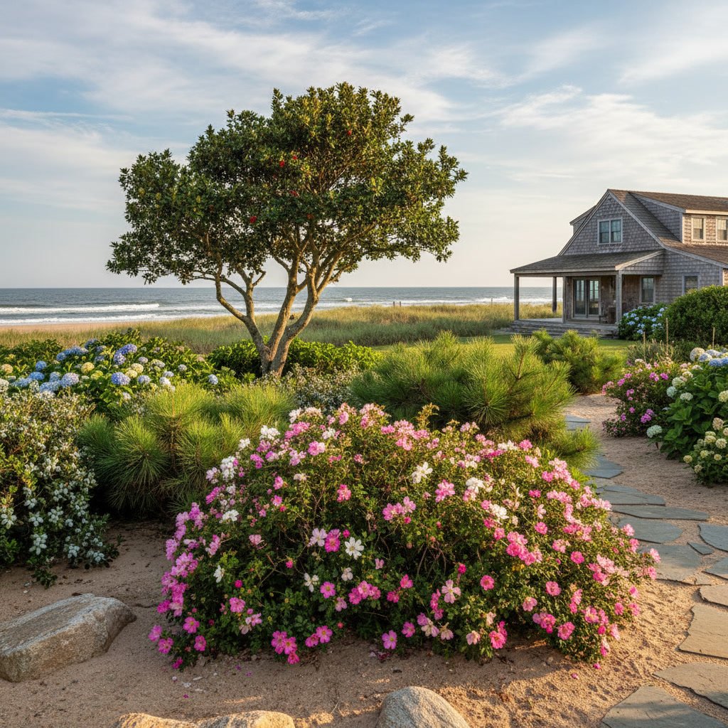 Coastal Long Island landscape with salt-tolerant trees and shrubs near beach property