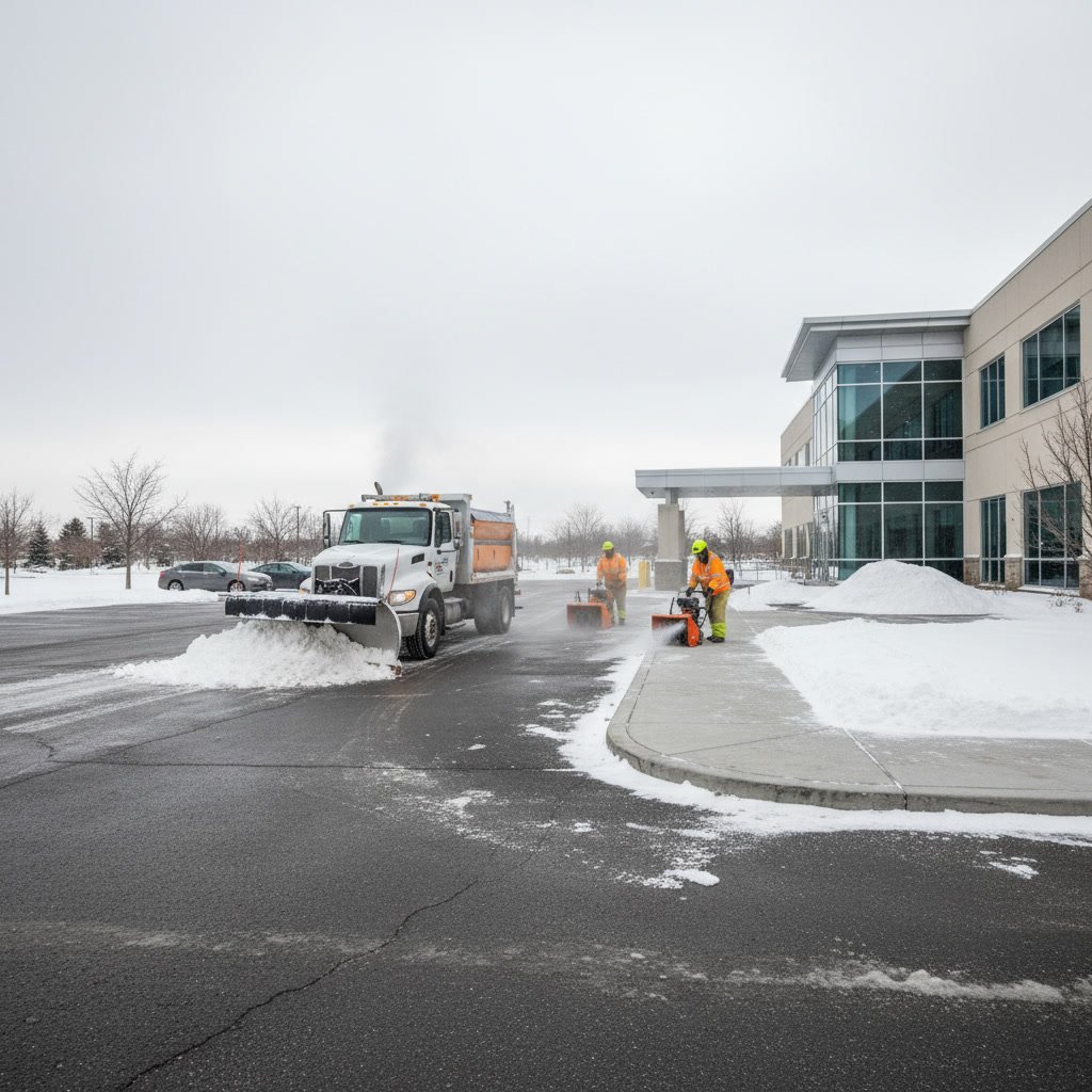 Year-round property maintenance services including snow removal and landscape care