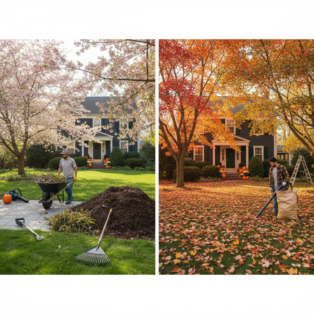 Professional landscaping crew performing seasonal cleanup on Amityville NY property