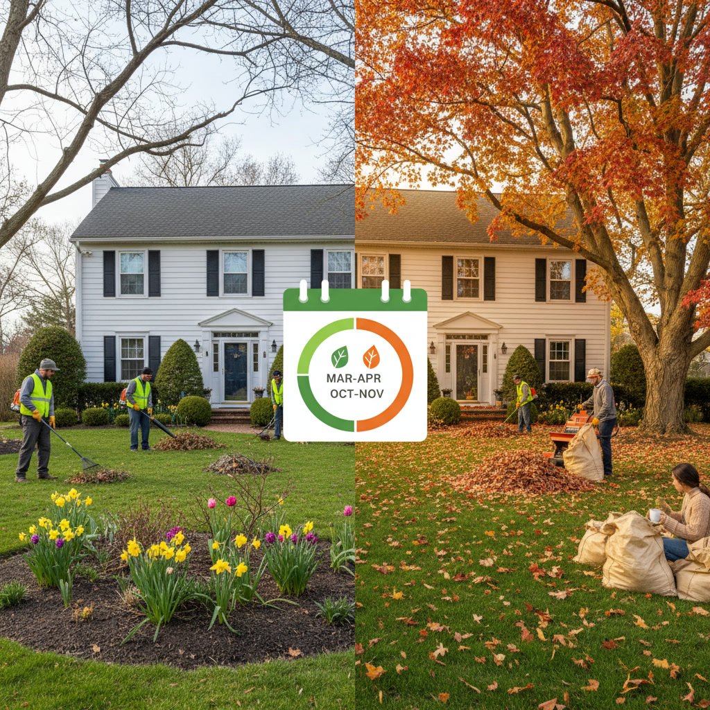 Professional seasonal cleanup service working on Lindenhurst NY residential landscape