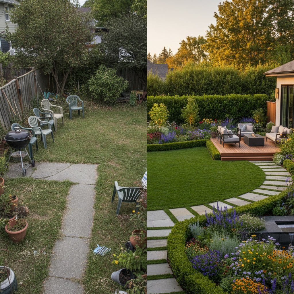 Professional landscape designer assessing an outdated yard for transformation