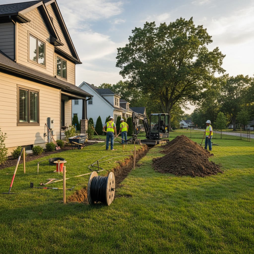 Low voltage outdoor lighting cable installation with proper trenching and burial depth