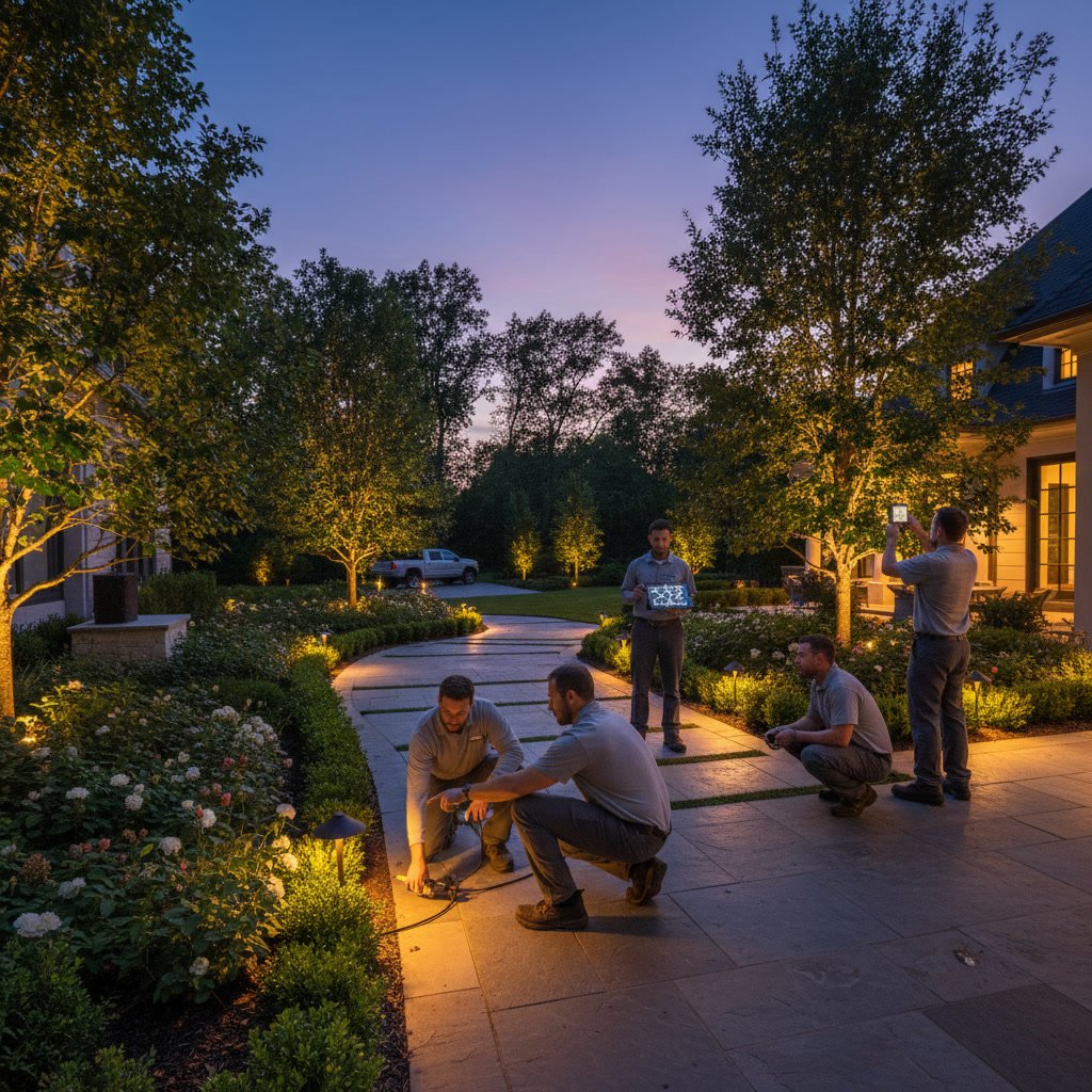 Completed outdoor lighting system with pathway lights and landscape accent fixtures at night