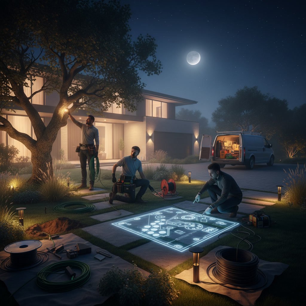 Professional outdoor lighting installation showcasing illuminated landscape and walkway at dusk