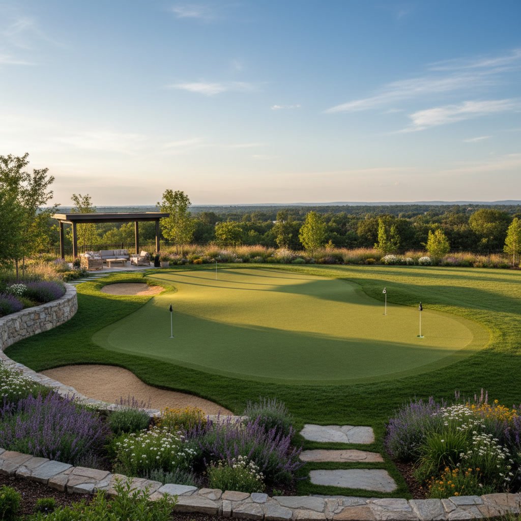 Compact synthetic putting green with multiple holes in a backyard setting