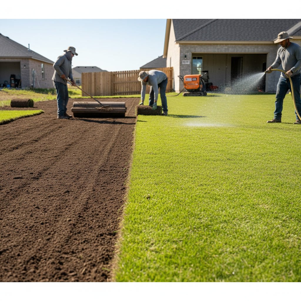 Professional crew laying fresh sod in staggered brick pattern