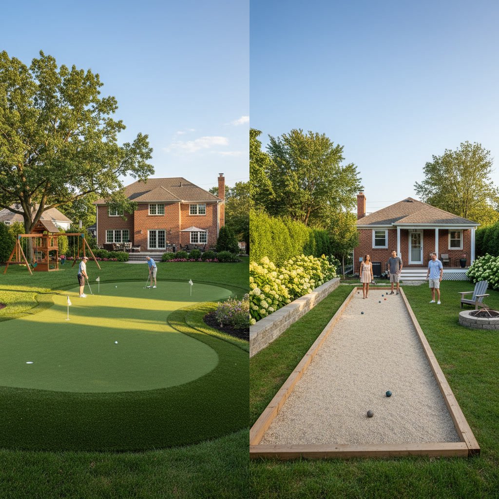 Full-size bocce court with crushed stone surface in a spacious backyard