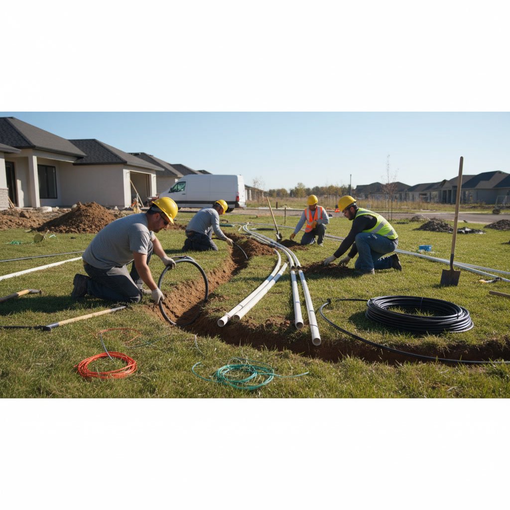 Underground irrigation pipe installation with trenching and valve placement