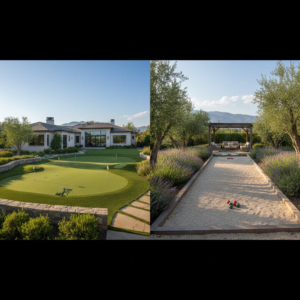 Backyard recreational space with both putting green and bocce court visible