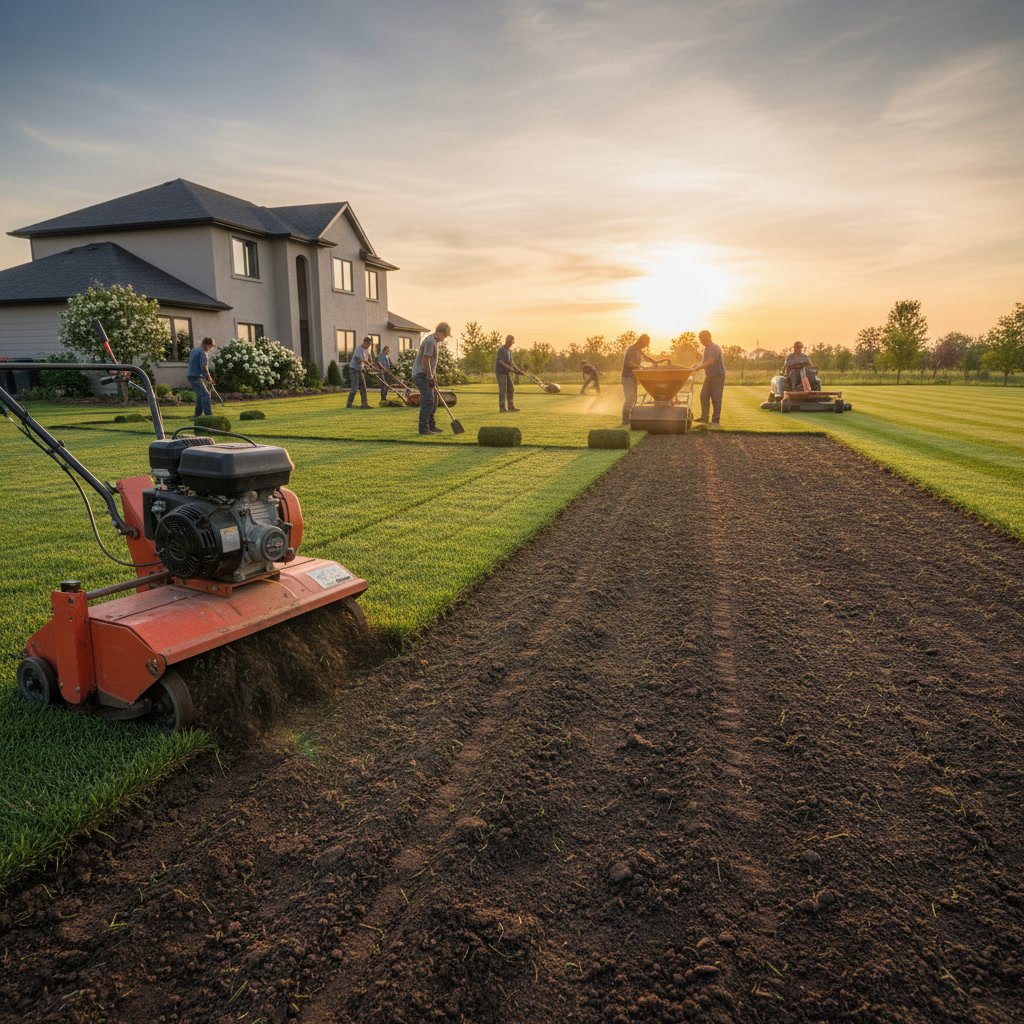 Professional sod installation crew preparing soil and laying fresh grass rolls
