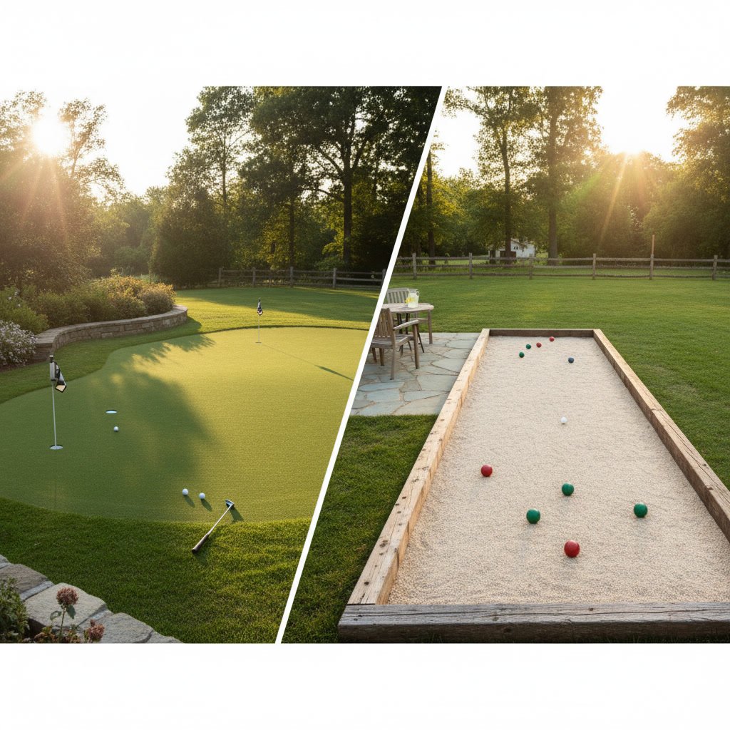 Professional bocce court and putting green side by side in a spacious Long Island backyard