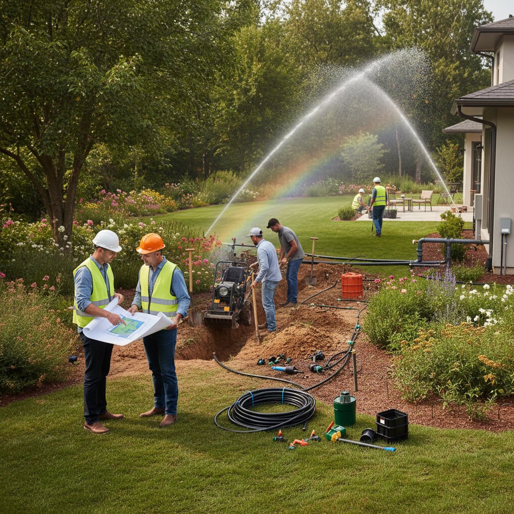 Professional irrigation system installation with underground pipes and sprinkler heads